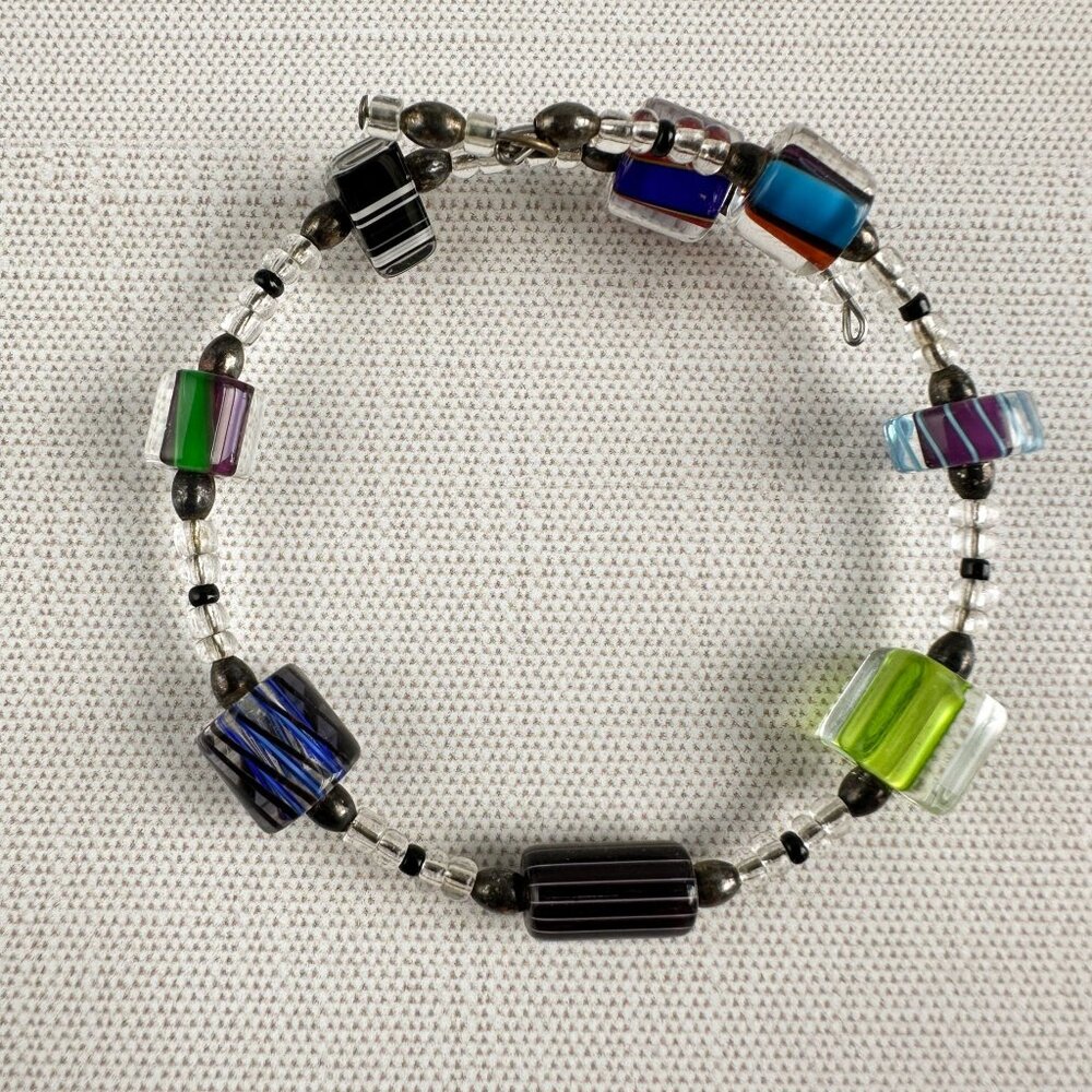 Rainbow Furnace Glass Bead Bracelet Memory Wire Adjustable Handmade Jewelry